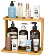 Bamboo Bathroom Organizer Countertop – Small Vanity Storage Shelf for Makeup, Perfume, Skincare – Natural Cosmetics Display Rack for Dresser, Sink, Kitchen – 10.24"x8.46"x5.12" PEKER