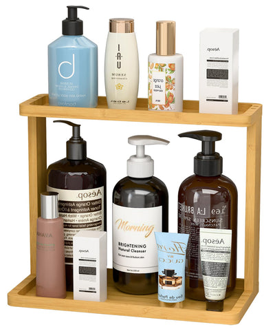 Bamboo Bathroom Organizer Countertop – Small Vanity Storage Shelf for Makeup, Perfume, Skincare – Natural Cosmetics Display Rack for Dresser, Sink, Kitchen – 10.24"x8.46"x5.12"