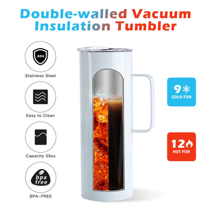 AGH Sublimation Tumblers with Handle 20oz Sublimation Blanks 4 Pack Skinny Straight Stainless Steel Vacuum Insulated Tumblers with Lids and Straws (White)