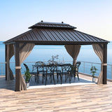 EROMMY 10'x13' Hardtop Gazebo, Galvanized Steel Outdoor Aluminum Canopy with Netting and Shaded Curtains, Double Roof Pergolas, Permanent Metal Pavilion for Patio, Backyard, Deck and Lawns, Brown EROMMY