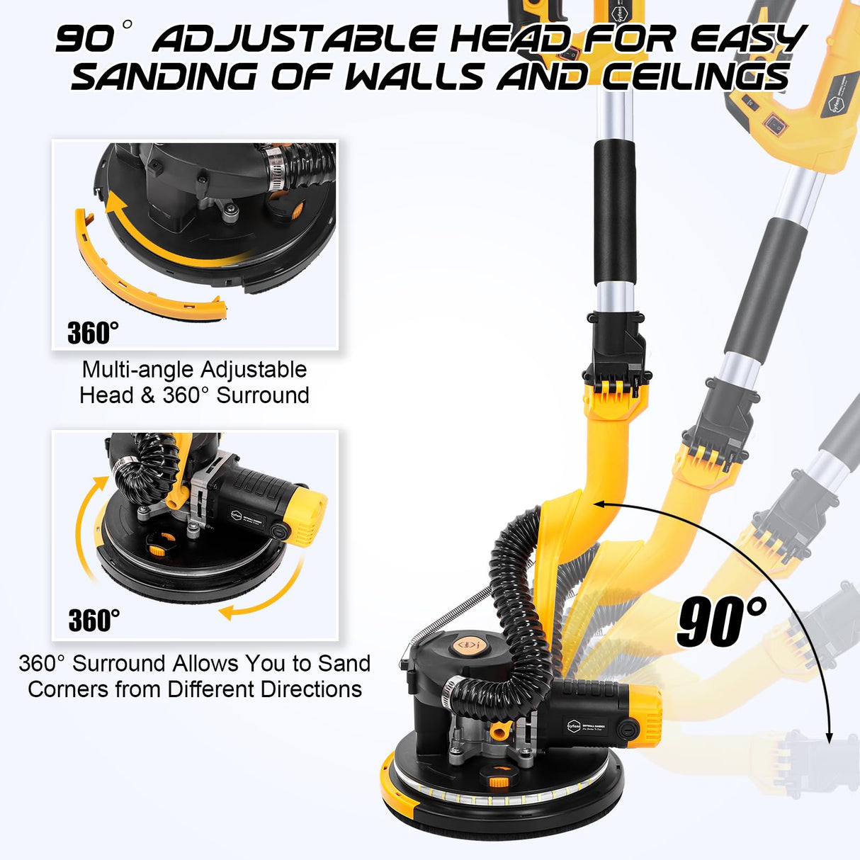 Gyfent Drywall Sander, 880W 7.3-Amp Popcorn Ceiling Removal Tool with 1100-2100RPM 5 Variable Speed 12pcs Sanding Discs Electric Drywall Sander with Vacuum Dust Collector LED Light for Ceiling Sanding Gyfent