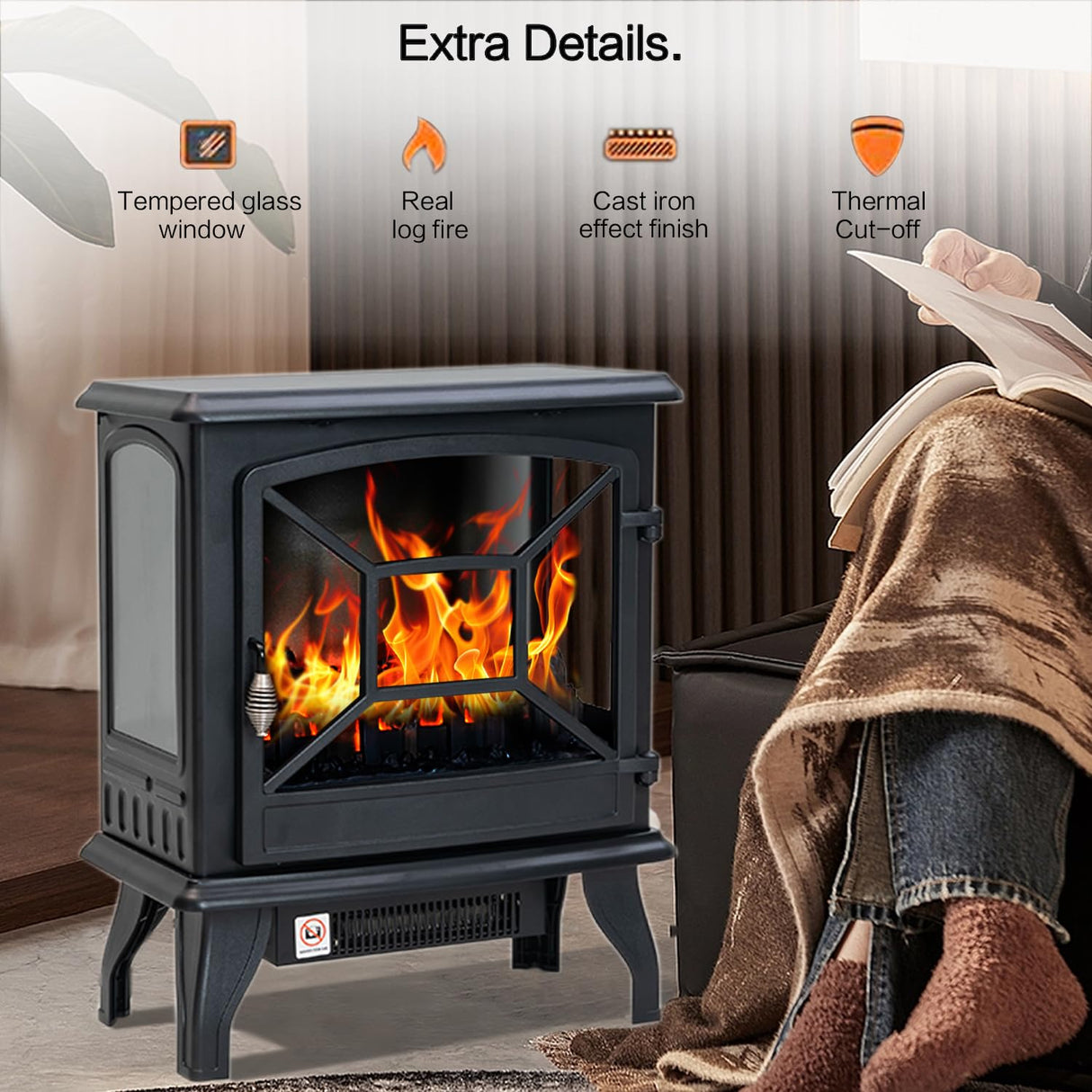 Panana Electric Fireplace Heater Portable Stove Heater Freestanding Fireplace, 5300 BTU, Realistic Flame Effect Panana