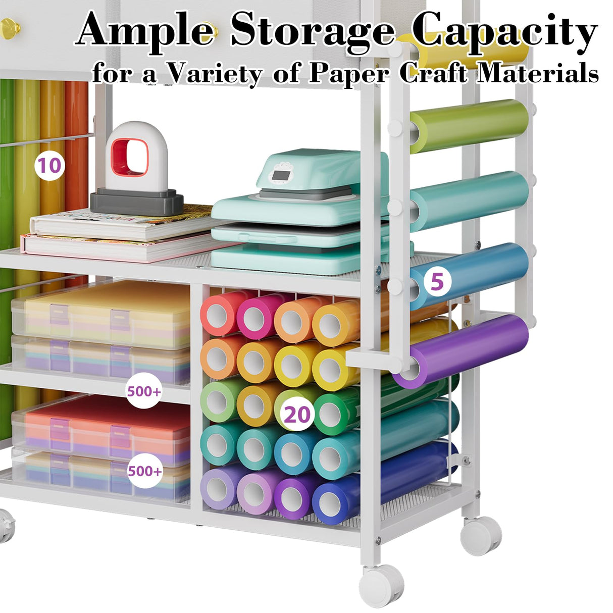 Large Craft Wrapping Paper Organizers Cart, Rolling DIY Storage for Birthday & Holiday with 2 Fabric Drawers, Lockable Wheels Cart for Vinyl Roll, Paints, Craft Supplies, Multi-Tier Craft Tape Holder Lyuwanxian