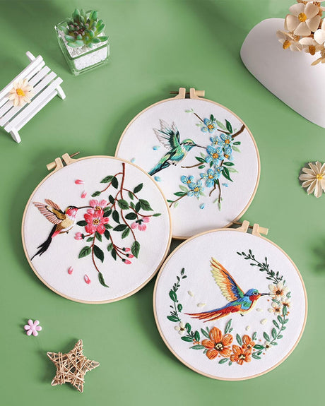 ERKOON 5 Sets Embroidery Kit for Beginners, Hummingbird and Flower Cross Stitch Set for Include Embroidery Cloth Hoops Threads for Craft Lover Hand Stitch with Embroidery Skill Techniques ERKOON