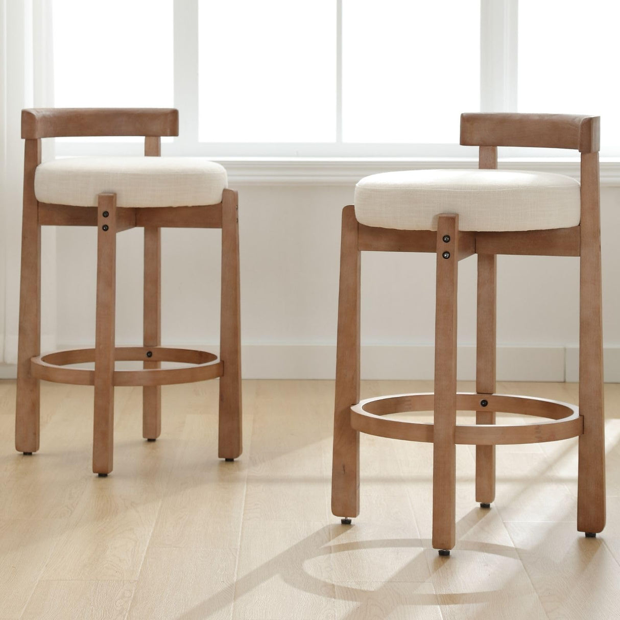 DUOMAY Modern Bar Stools Set of 2, 26" Counter Height Stools, Armless Round Wood Barstools Kitchen Island Stool with Linen Seat for Home Bar Coffee Shop, Beige DUOMAY