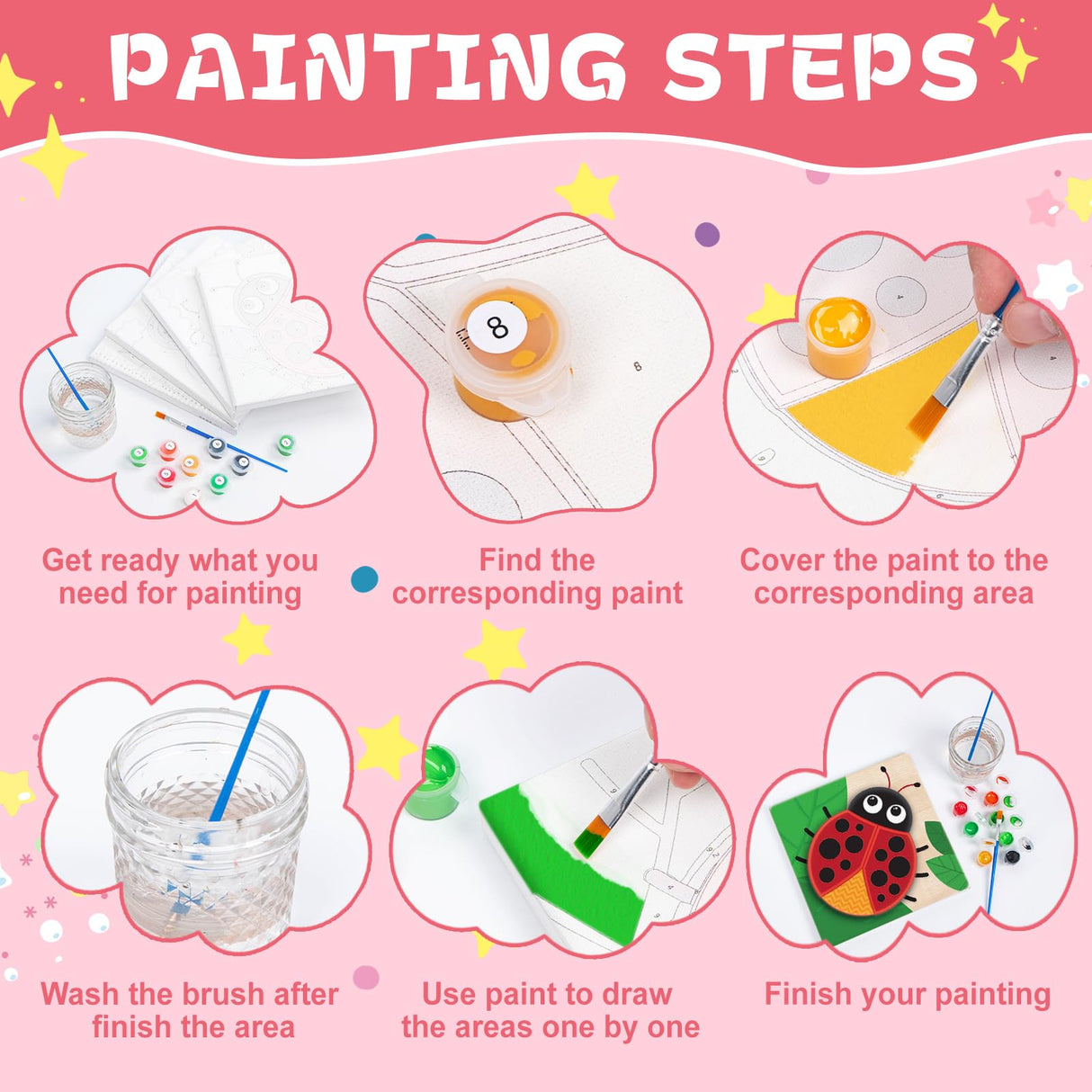 Framed 4 Pack Paint by Numbers Kit for Kids, Cute Cartoon Paint by Number for Kids Ages 4-8 Easy Kids Paint by Number Kits Age 8-12, DIY Acrylic Oil Painting by Numbers for Home Wall Decor 8x8 Inch Fountor