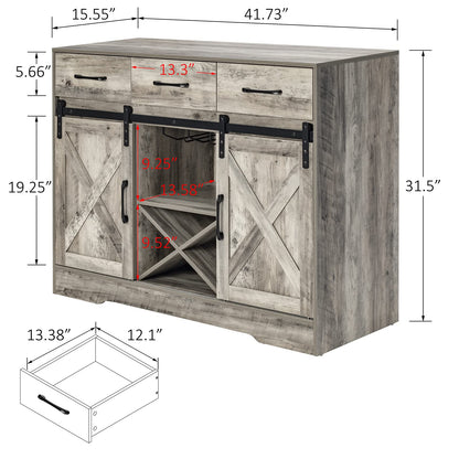 Chic Grey Farmhouse Wine Cabinet and Coffee Bar with Sliding Barn Doors and Ample Storage - WoodArtSupply