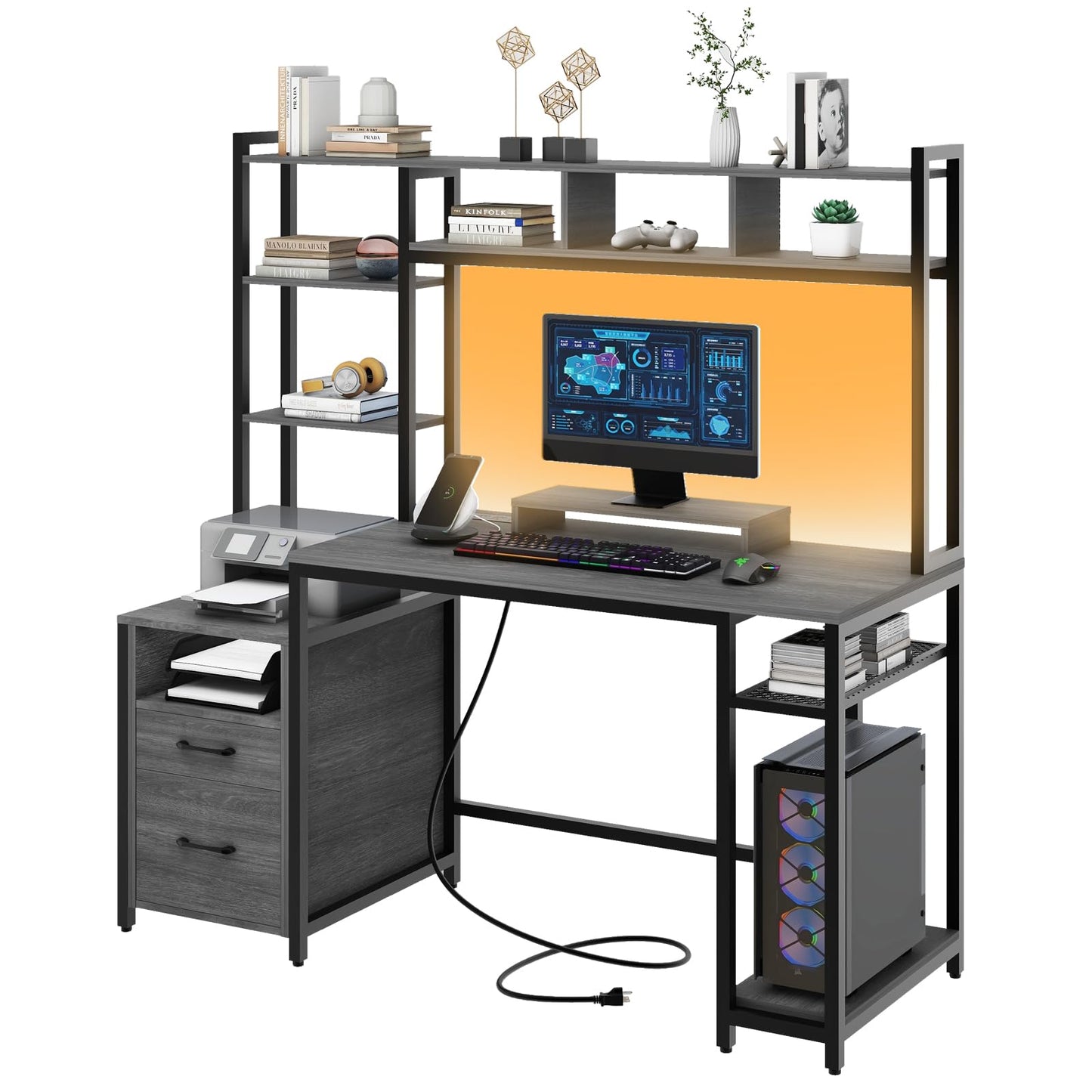 Computer Desk with Storage Shelves and 2 Drawers, 59" Gaming Desk with LED Lights & Power Outlets, Gray Home Office Desk with Hutch Monitor Stand for Study Office Writing Game