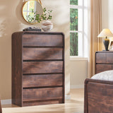 Aitjunz Modern 5 Drawers Dresser for Bedroom, 45" Tall Dressers & Chests of Drawers w/Curved Profile Design, Wood Mid Century Vertical Dresser w/Natural Texture for Bedroom, Living Room, Brown Aitjunz
