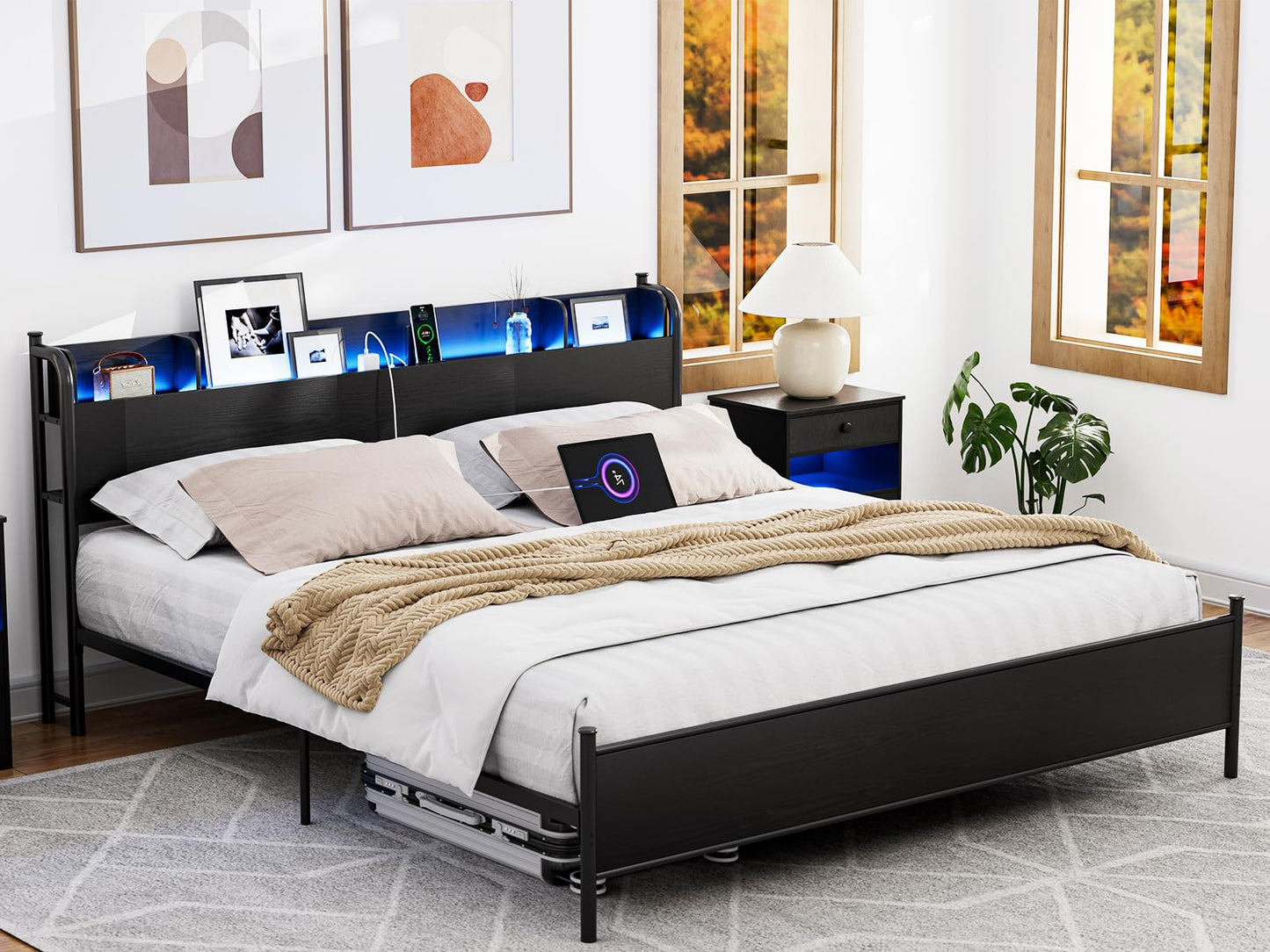 AOVSA Black California King Bed Frame with LED Storage Headboard and Charging Station - WoodArtSupply