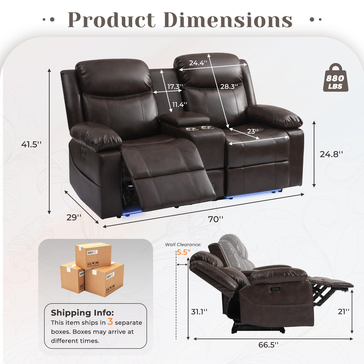 PALLOME Power Reclining Loveseat Sofa for Home Theater, RV Recliner Couch with USB Type-C, Console, LED Lights (Brown) PALLOME