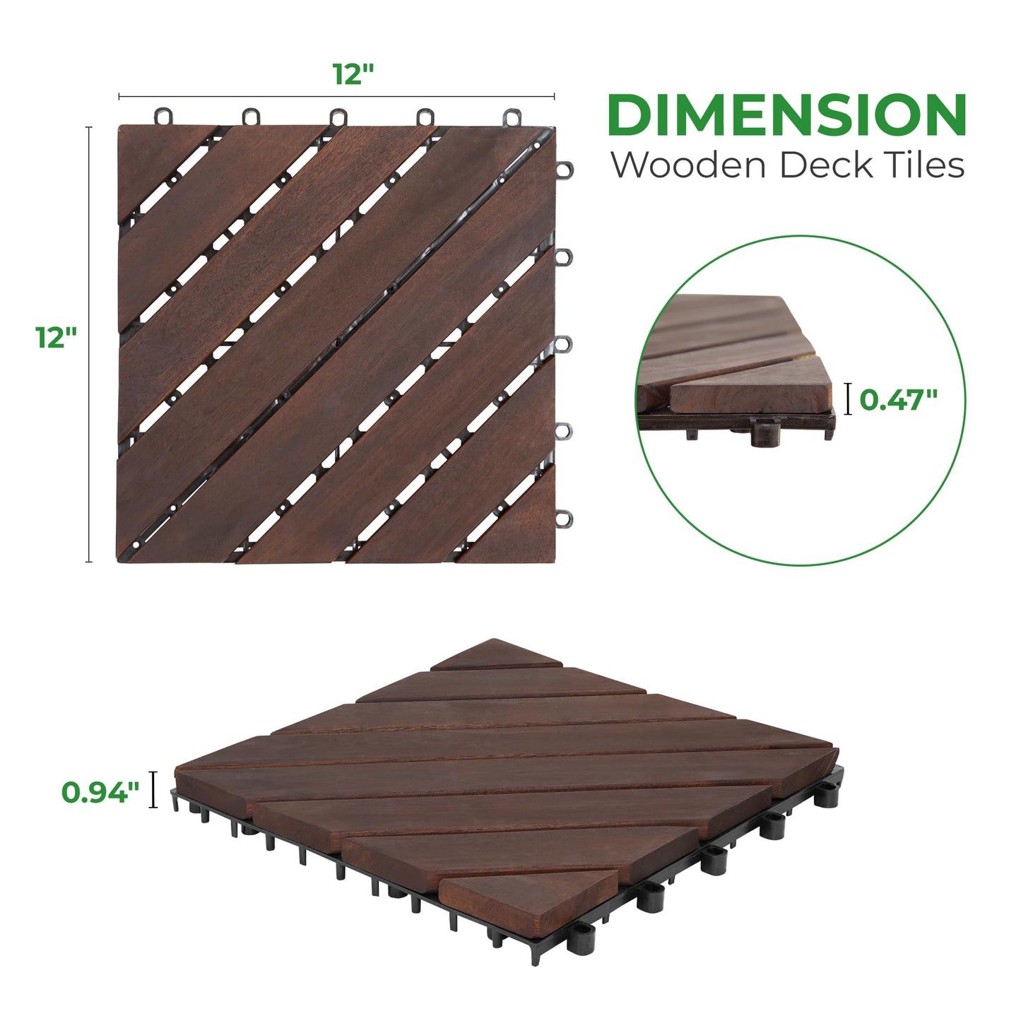 Interlocking Deck Tiles 12"x12"x0.94'' Dark Brown Acacia Wood Patio Decor Flooring Tiles -Acacia Wood Interlocking Floor Tile -Interlocking Wood Flooring Squares Tile-Home Decor Floor Wood Ti - WoodArtSupply