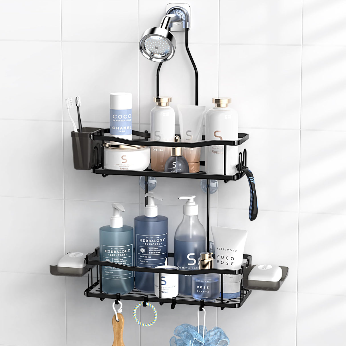 Aitatty Hanging Shower Caddy Bathroom Organizer: Rustproof Shower Shelf Racks Over Shower Head - No Drilling Inside Bath Shower Rack Shelves Over Showerhead for Shampoo with Soap Holder Black Aitatty