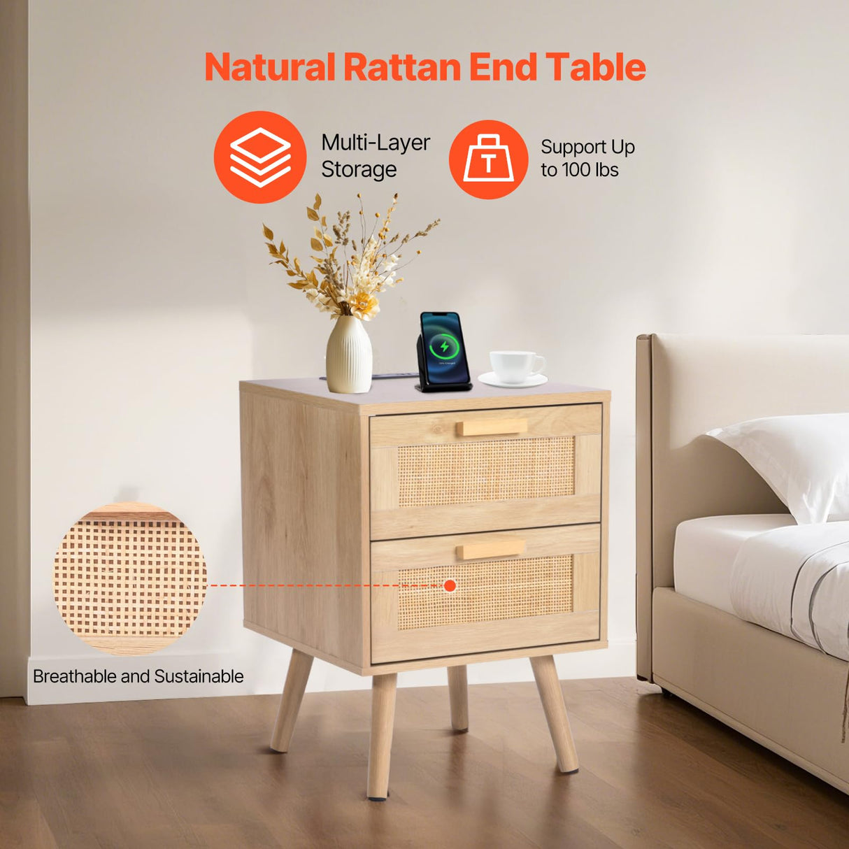 VEVOR Rattan Nightstand, Boho Bedside Table with 2 Drawers, Rattan End Table Nightstand with Solid Wood Legs, Rattan Bedside Table with Charging Station, for Bedroom, Study & Living Room VEVOR