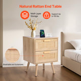 VEVOR Rattan Nightstand, Boho Bedside Table with 2 Drawers, Rattan End Table Nightstand with Solid Wood Legs, Rattan Bedside Table with Charging Station, for Bedroom, Study & Living Room VEVOR