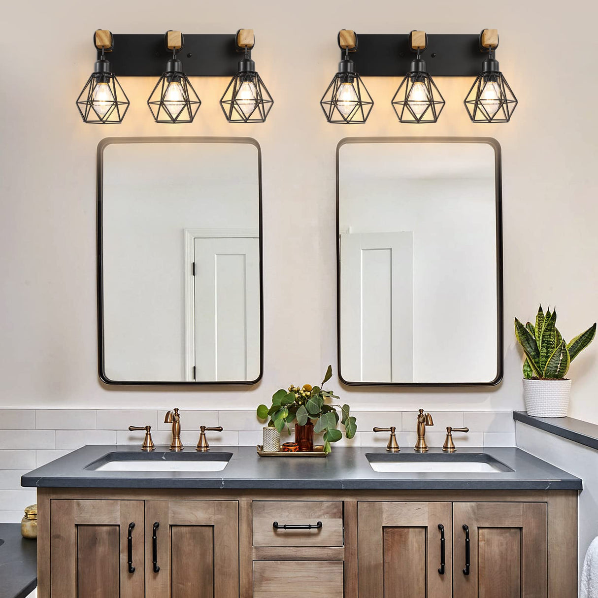 Farmhouse Bathroom Vanity Light Fixtures, 3-Light Wood Bathroom Light Fixtures Over Mirror, Rustic Sconces Wall Lighting with Elegant Metal Lampshade for Living Room, Bedroom, Hallway maesta