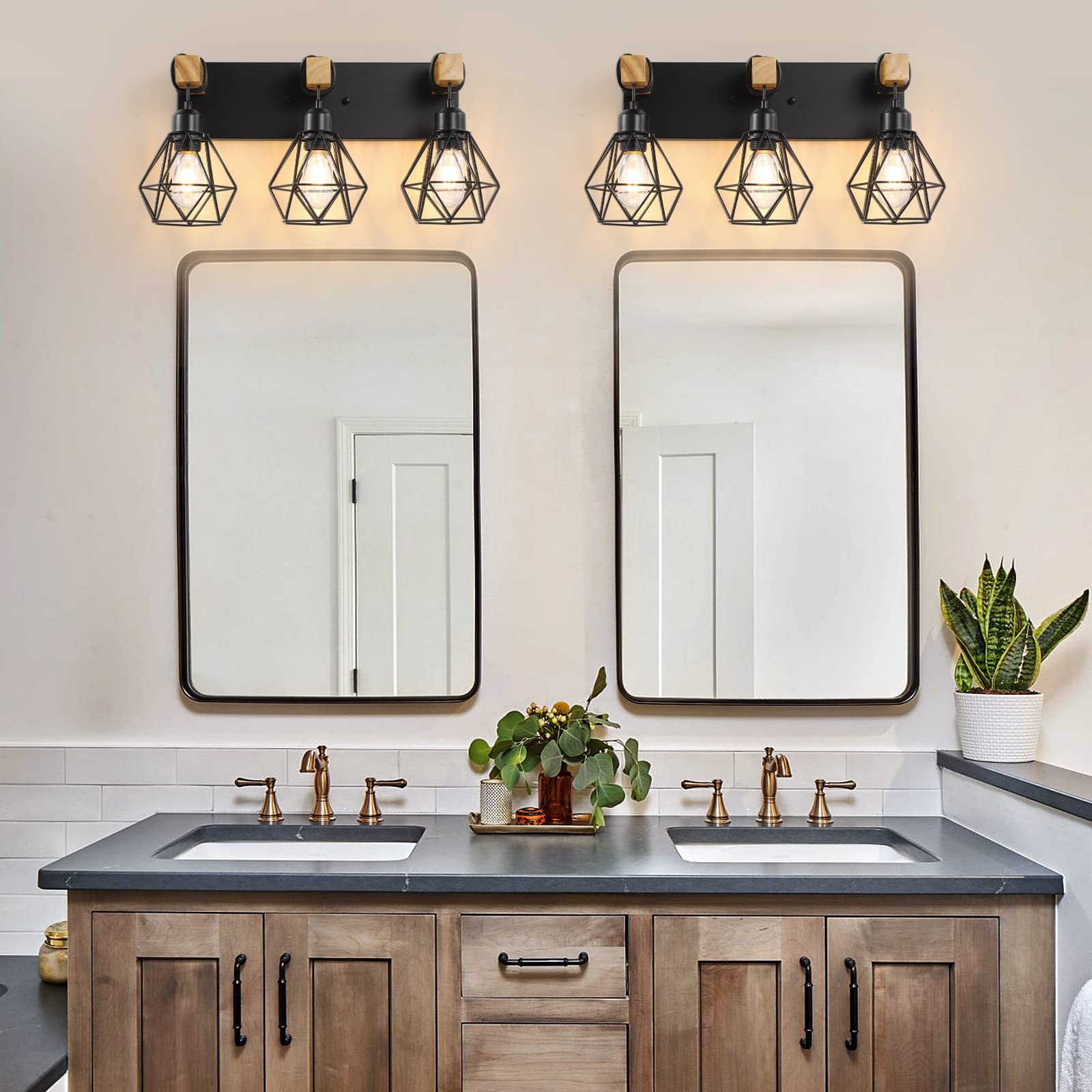 Farmhouse Bathroom Vanity Light Fixtures, 3-Light Wood Bathroom Light Fixtures Over Mirror, Rustic Sconces Wall Lighting with Elegant Metal Lampshade for Living Room, Bedroom, Hallway - WoodArtSupply