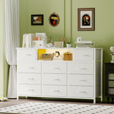 YGEOMER 59 Inches Long Dresser White Dresser or Bedroom 65-inch TV Stand with Charging Station and LED Lights, Fabric Chest of Drawers with PU Finish for Bedroom, Entryway YGEOMER