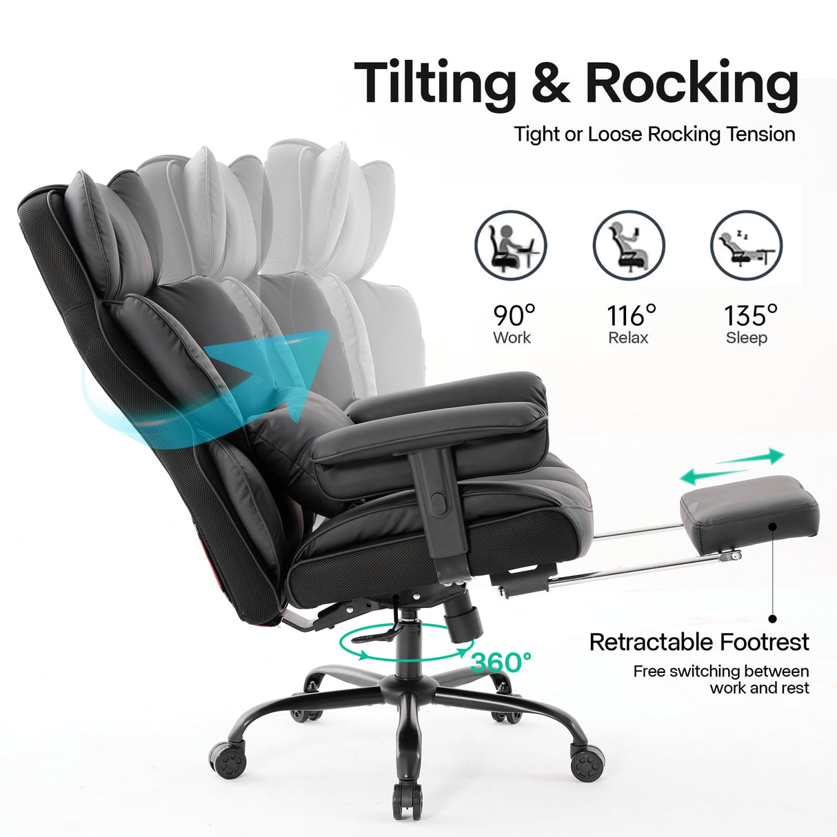 Gzagdecr Big and Tall Office Chair 400lbs,PU Leather High Back Gaming Chair with Foot Rest, Reclining Chair Executive Ergonomic Office Chair Lumbar Support Computer Chair Adjustable Armrests (Black) Gzagdecr