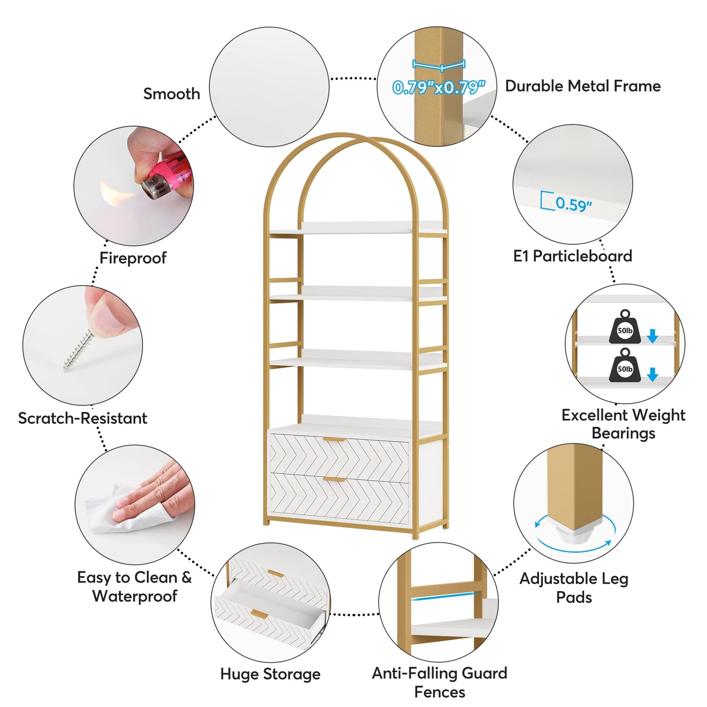 Tribesigns 4-Tier Tall Bookcase with Drawers – Stylish White & Gold Free-Standing Storage Shelf - WoodArtSupply