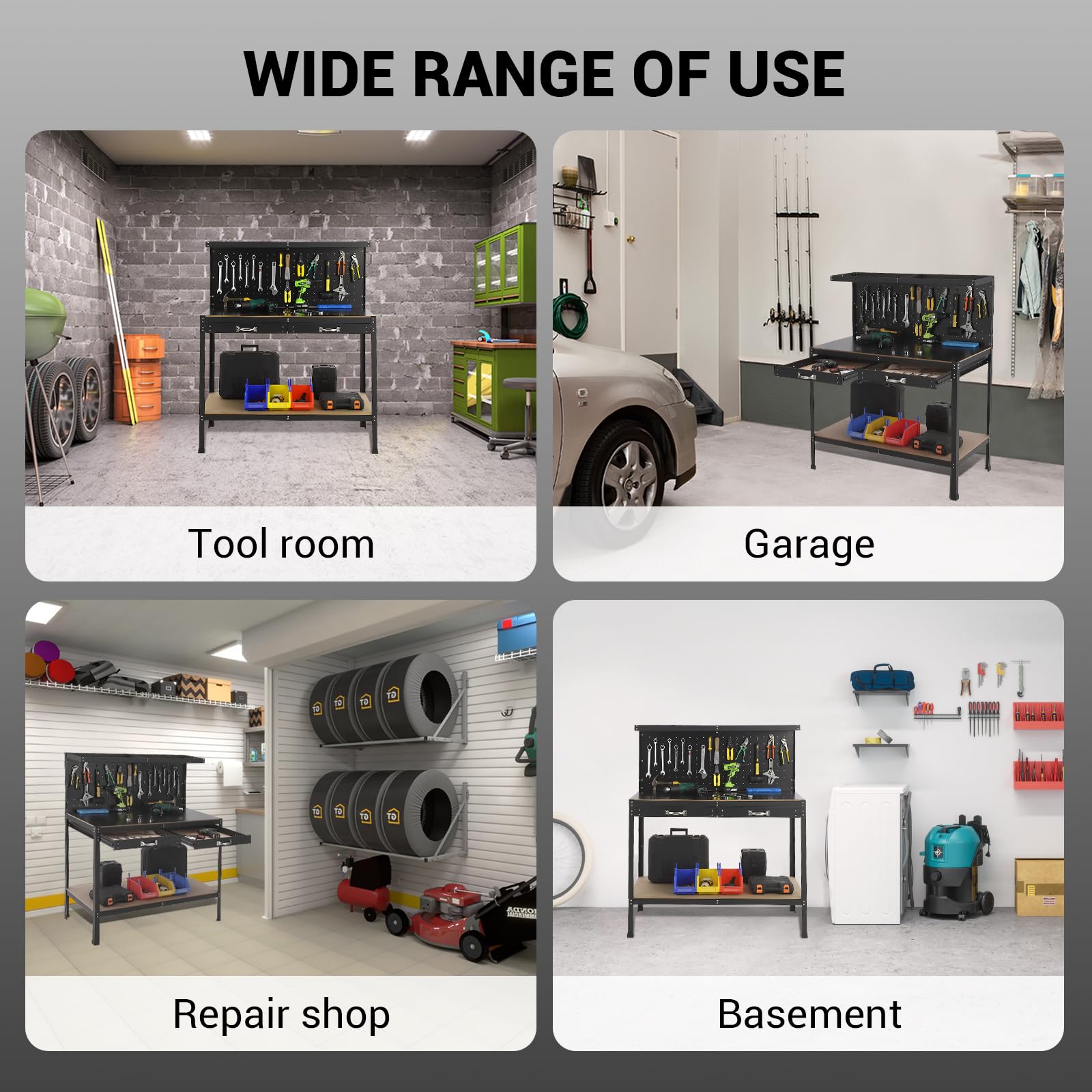 GarveeTech 56 Inch Workbench with Pegboard, Workbench Tool Storage Workshop Table with Drawers and Pegboard, 420lbs Weight Capacity - WoodArtSupply