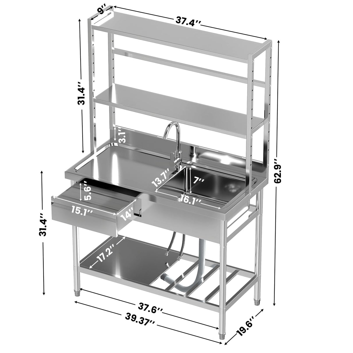 Toemics 39'' Stainless Steel Utility Sink, Free Standing Commercial Single Bowl Sink with Left Drawer & Shelves & Cold and Hot Water Pipe, Indoor and Outdoor Sink for Laundry Room, Garage, Kitchen Toemics