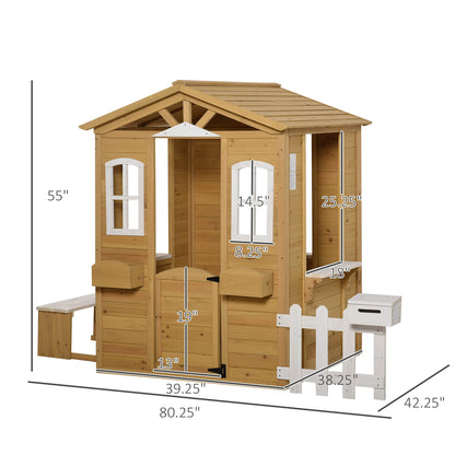 Outsunny Outdoor Playhouse for Kids Wooden Cottage with Working Doors Windows & Mailbox, Pretend Play House for Age 3-6 Years