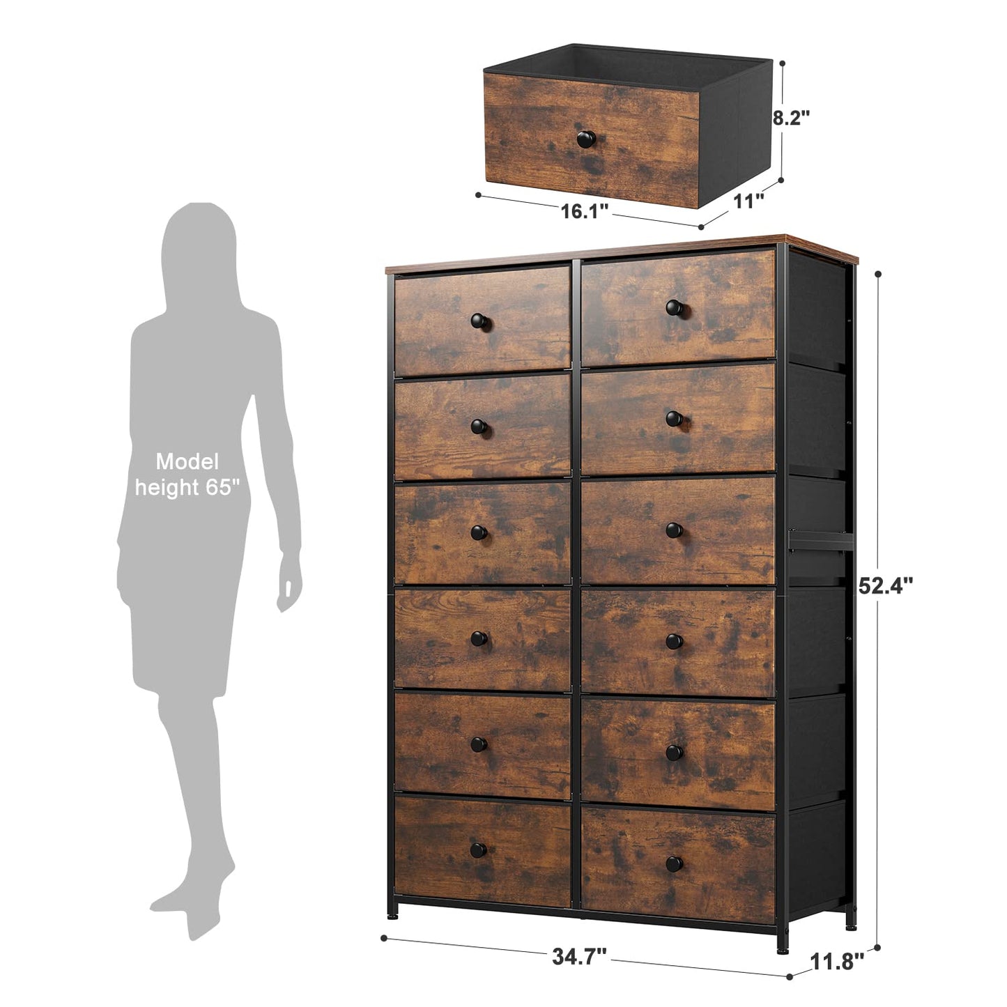 EnHomee 12 Drawer Dresser with Wooden Top and Metal Frame, Tall Fabric Dresser & Chest of Drawers for Bedroom Closet Living Room, Rustic Brown, 11.8" D x 34.7" W x 52.4" H - WoodArtSupply