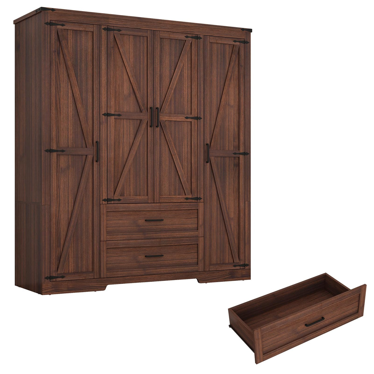 Hlivelood 4 Doors Wardrobe Armoire Closet with Doors and Drawers, Farmhouse Wooden Armoire Storage Cabinet with Shelves & Hanging Rod for Bedroom, Brown Hlivelood