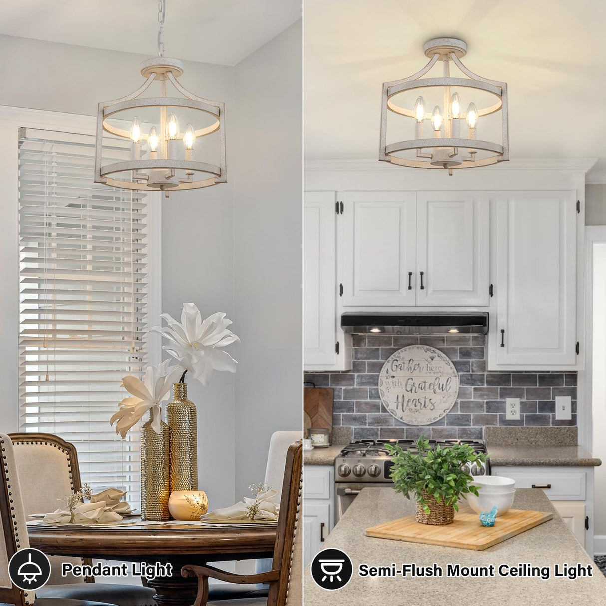 WBinDX 4-Light Farmhouse Chandelier, Distressed Hanging Pendant Lighting, Convertible Semi Flush Mount Ceiling Light Fixture Vintage White Metal Chandeliers for Dining Room Kitchen Foyer Entryway WBinDX