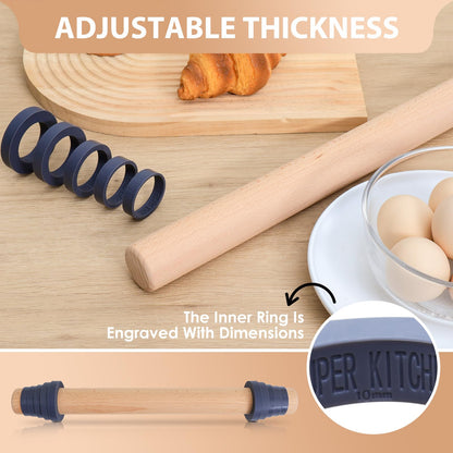 Adjustable Wood Rolling Pin with Thickness Rings for Baking -Non Stick Wooden Dough Roller Pin with Spacer Bands for Cookie,Pie Crust, Pastry Fondant and Bread By Folksy Super Kitchen (15.8, Grey)