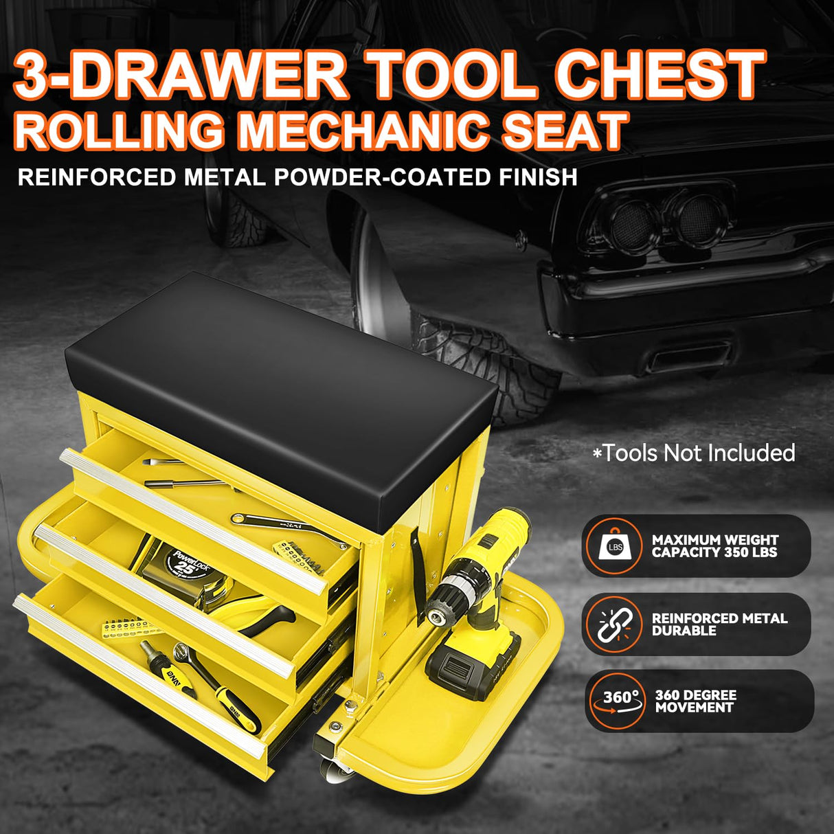 PM PERFORMOTOR 3-Drawer Tool Chest Rolling Mechanic Seat with Tool Trays,350lbs Max Weight Capacity, Yellow,PM-TOL-RST1-YL PM PERFORMOTOR