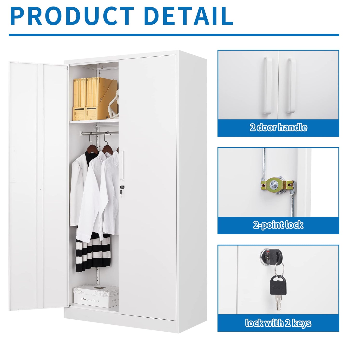 BYNSOE Metal Storage Locker Cabinet, Metal Locker 72” White Tall Steel Wardrobe, Employees Locker with Hanging Rod Shelves and Lockable Doors for Home,School,Office-Assembly Required (White-S - WoodArtSupply