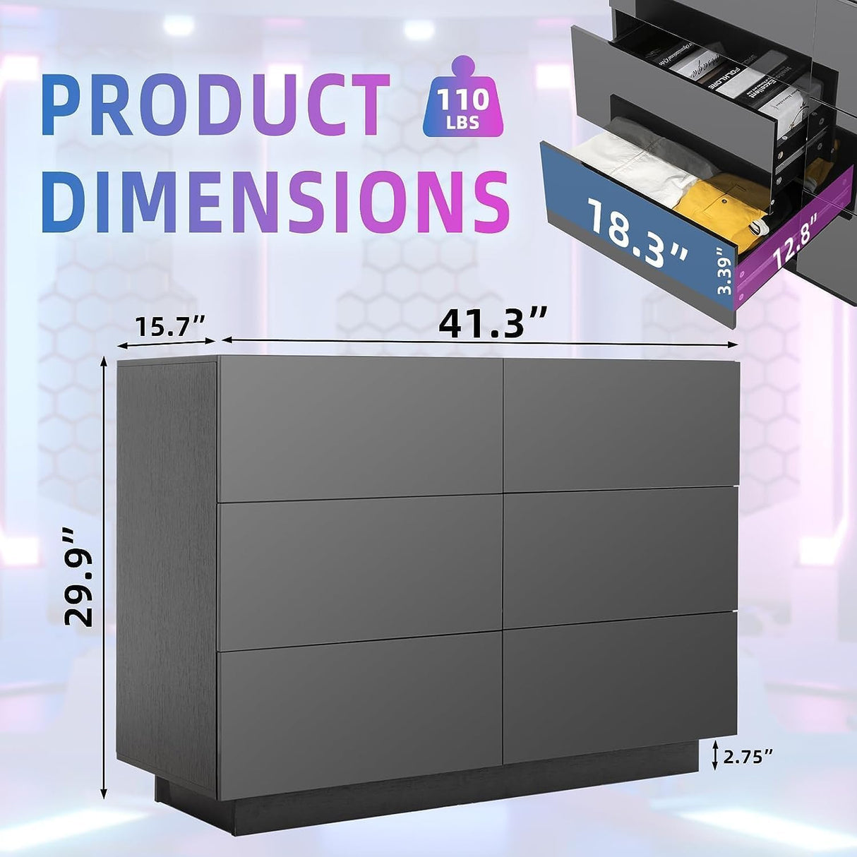 UEV LED 6 Drawer Dresser,White Dresser for Bedroom with Light,Chest of Drawers with High Glossy finsh for Bedroom,Living Room,Entryway(Black) UEV