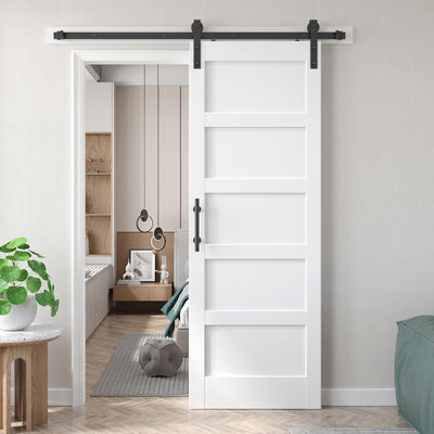 Fredbeck 30x84 inch White Barn Door with 5.5FT Sliding Door Hardware Kit Included & Handle,Solid,MDF, PVC Surface,DIY Assembly,5-Panel,Fit 27in-28in Opening