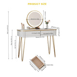 KDCAS Modern Vanity Desk with Mirror and Lights, 39" White and Gold Makeup Vanity Table with 2 Storage Drawers, Stylish Gold Dressing Table for Small Spaces & Bedroom KDCAS