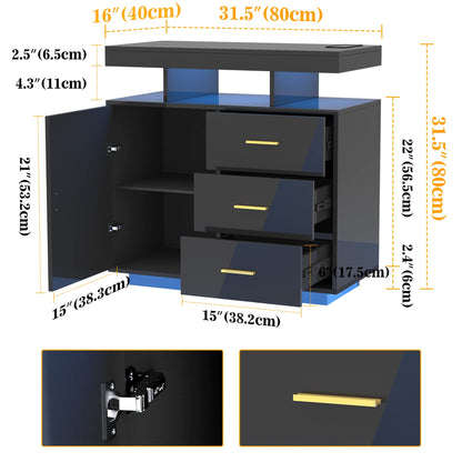 LVSOMT Sideboard Buffet Storage Cabinet with LED Lights & Wireless Charging Station, Modern Kitchen Bar Cabinet, High Gloss Wood Accent Cabinet, Console Table for Living Room (Gloss Black) - WoodArtSupply