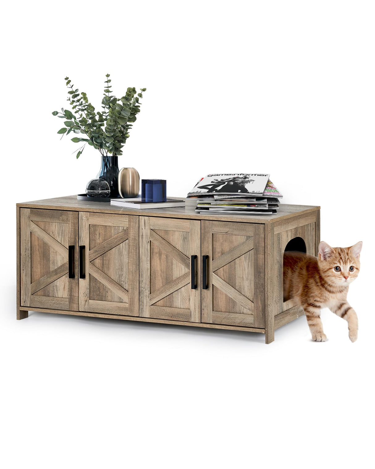 Upolana Cat Litter Box Enclosure, 48 inch Large Hidden Litter Box Furniture for 2 Cats, Double Wooden Kitty Litter Box Cabinet End Side Table, Greige Upolana