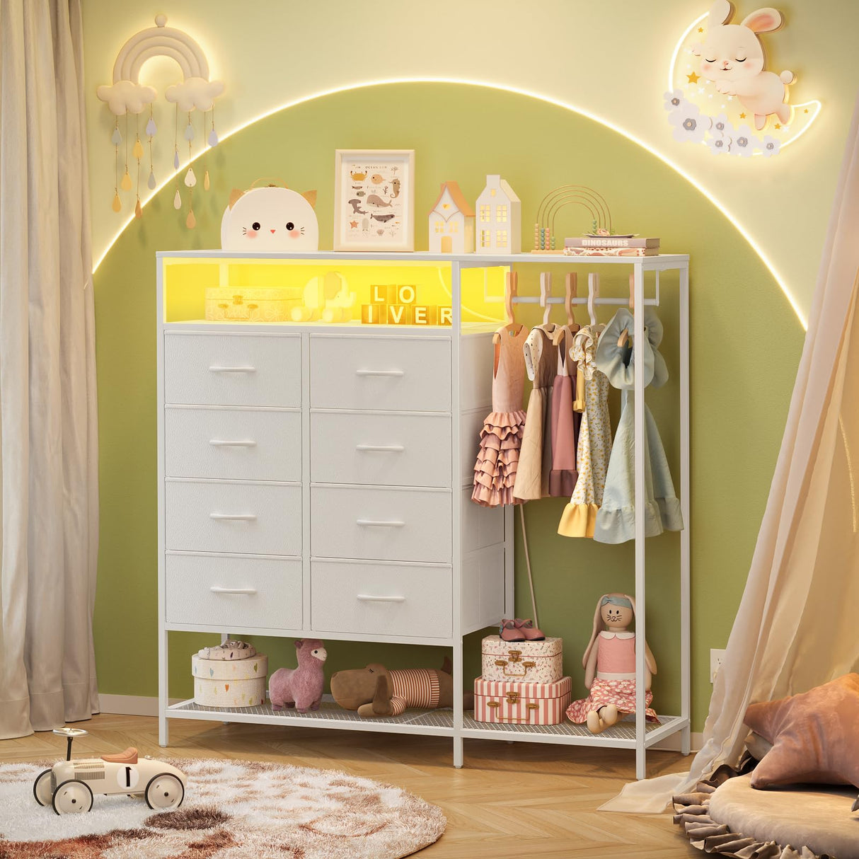 White Dresser for Bedroom with 8 Drawers, Bedroom Dresser with Hanging Rack, Clothes Dresser with Led Lights, Closet Dresser with Charging Station, 47 Inch Dresser with Shelves for Bedroom, Closet Harpaq