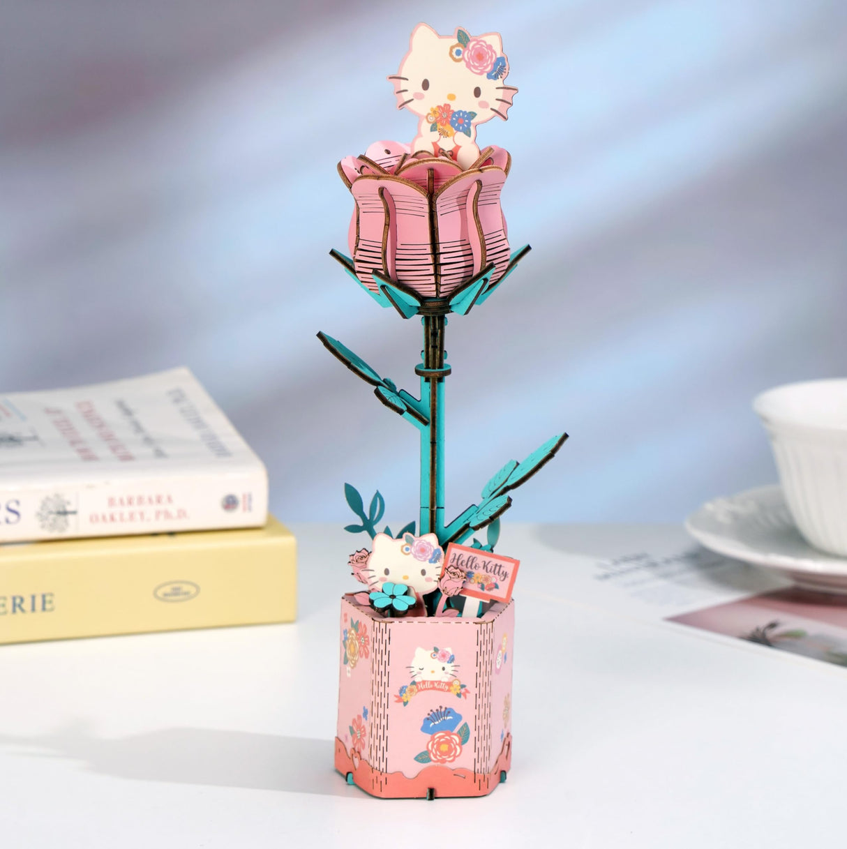 Hands Craft Hello Kitty and Friends Pink Rose 3D Wooden Puzzle Kit | DIY Flower Model | Arts & Crafts for Adults & Kids | Creative Hobby Kits | Hello Kitty Collectible | Wood Building Set Hands Craft
