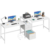 GYIIYUO 93'' Two Person Desk with Charging Station, Long Desk with 3 Drawers and Printer Shelf, Double Computer Desk, Fabric Drawers, 2 Person Writing Study Table Workstation for Home Office, White GYIIYUO