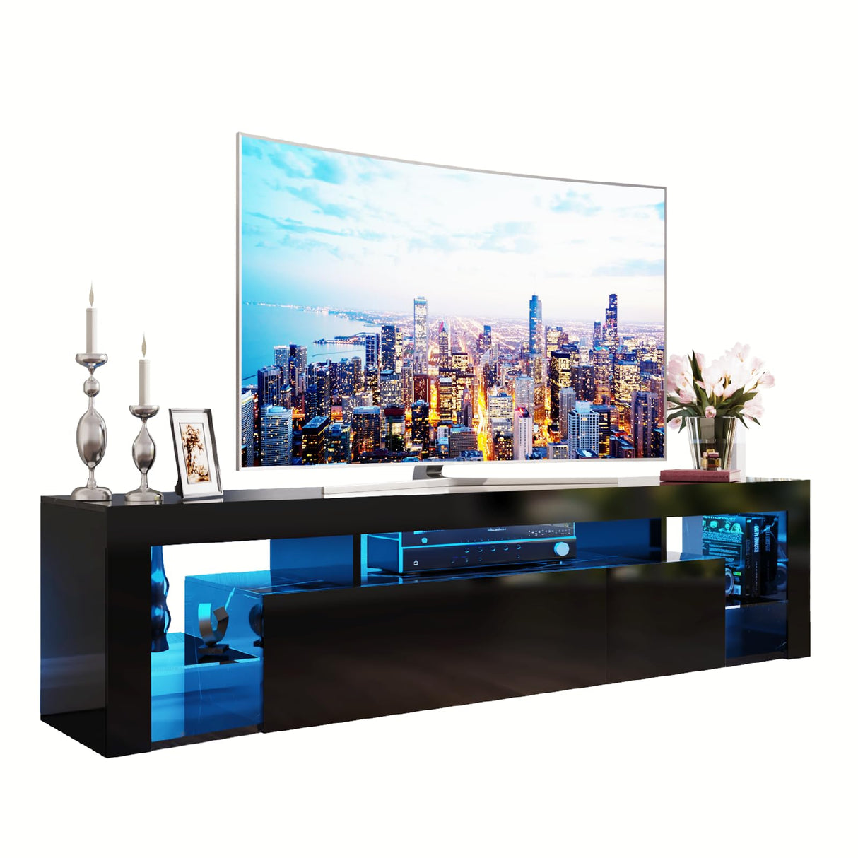 Gitua Floating TV Stand Wall Mounted, High Gloss LED Floating Entertainment Center with Storage&Adjustable Glass Shelf, TV Stand for 65 Inch TV, Gaming Media Center Console Table with Lights, Black Gitua