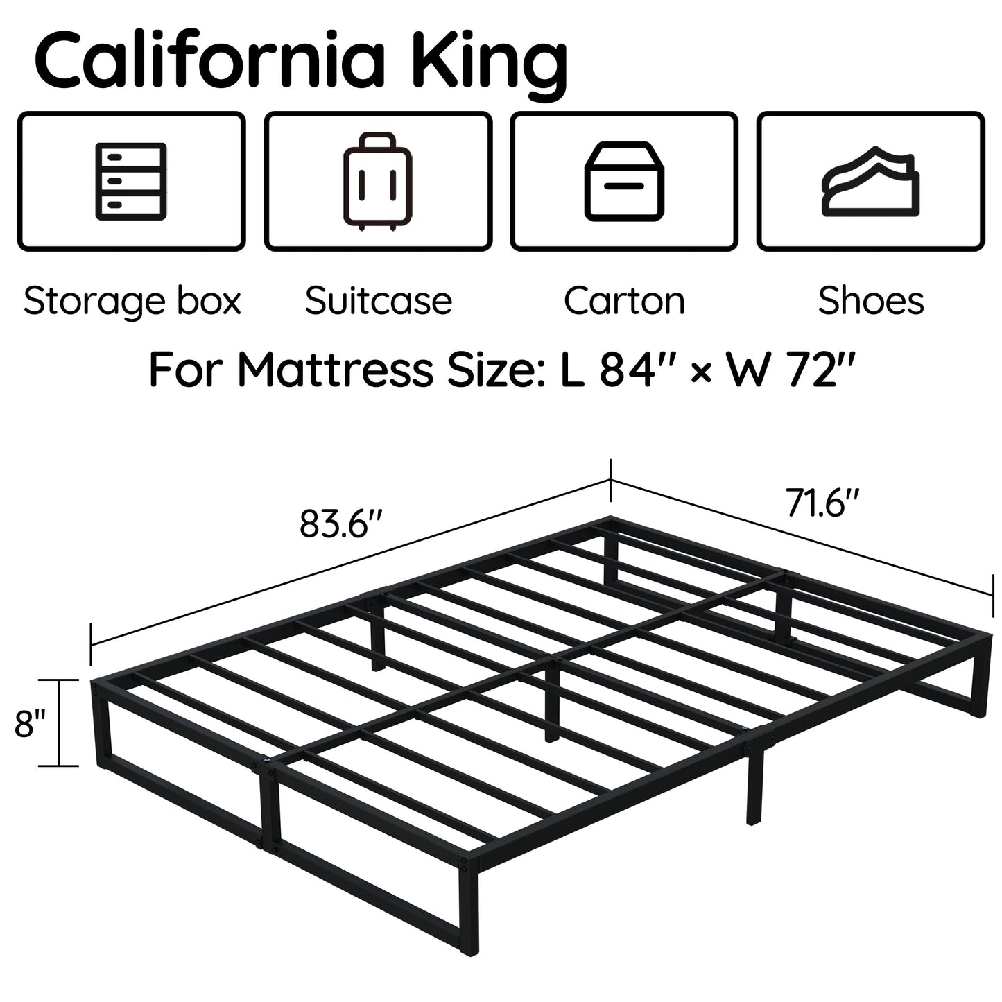 Richwanone 8 Inch Cal King Bed Frame Heavy Duty Metal Platform Mattress Foundation with Steel Slat Support, No Box Spring Needed, Easy Assembly, Black