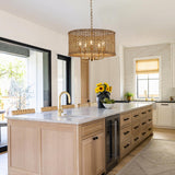 YOMECOO Hand-Woven Rattan Chandelier Vintage Farmhouse Boho Bamboo Light Fixture Mini Retro 5-Lights Drum Wicker Rattan Chandelier for Dining Room, Kitchen, Living Room YOMECOO