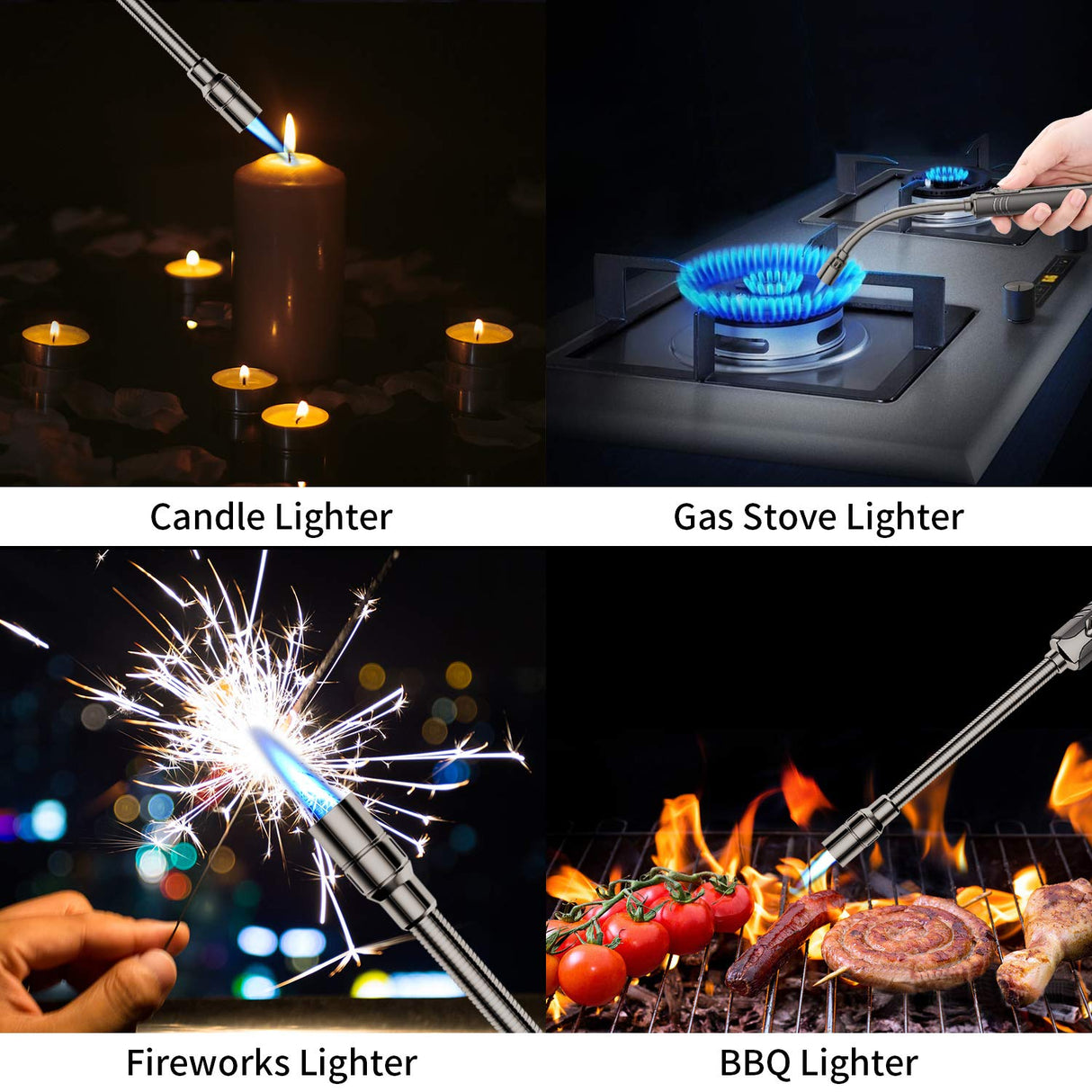 Butane Lighter Torch Long Lighter Refillable Jet Lighter Windproof Lighter with Visual Fuel Window Flexible Neck Lighter for Grill Fireplace Stove Camping Kitchen (No Butane Included) - Black Megainvo