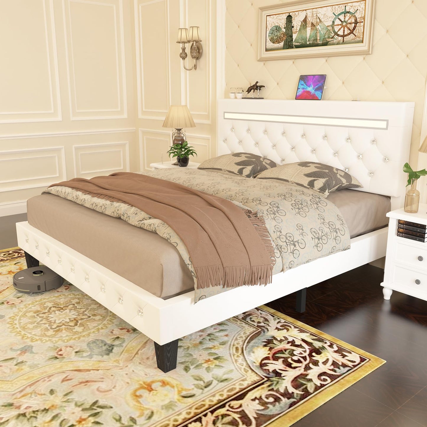 Kallabe White King Size Adjustable Leather Bed Frame with LED Lights & Charging Station - WoodArtSupply