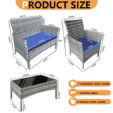 Patio Furniture Set 4 Pieces,Rattan Wicker Double Sofa, Coffee Table,Conversation Outdoor Sets, with Coffee Table and Soft Cushions, Garden Balcony Backyard Lounge Chairs (Gray+Blue Cusion) Generic