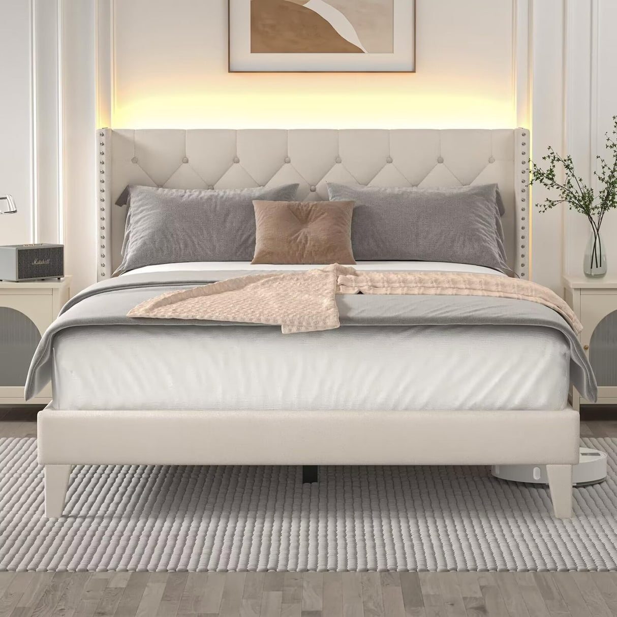 DOGIBIXO Queen Size Bed Frame with LED Lights, Upholstered Bed Frame with Wingback Diamond Tufted Headboard, Wood Slats Support, Noise-Free, Easy Assembly, No Box Spring Needed, Beige DOGIBIXO