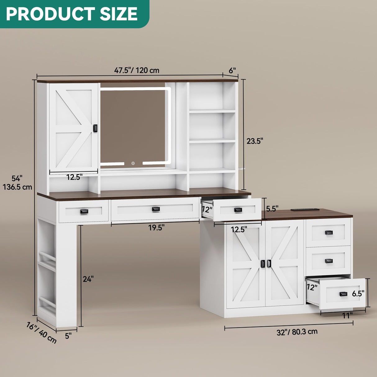 YITAHOME 48'' Farmhouse Makeup Vanity Desk with Mirror and Lights, 68'' 360° Rotation Big Modern Lighted Vanity Table with 6 Drawers & Lots Shelves, Rustic Large Dressing Table, Antique White YITAHOME