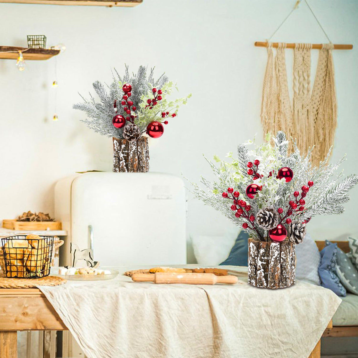 2 Pack Christmas Table Decorations, 14 Inch Christmas Centerpiece Small Potted Christmas Tree with Lights, Pine Cones and Berries, Xmas Artificial Plants for Tables, Home, Mantel Holiday Decor BHLUUIYER